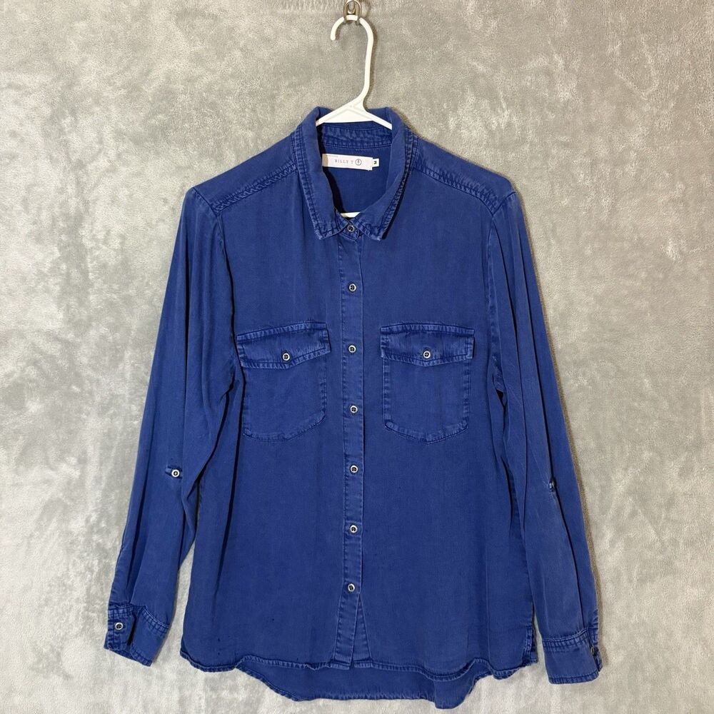 Billy T Royal Blue Shirt M Women Long Sleeve Button Down Roll Tab 100% Lyocell